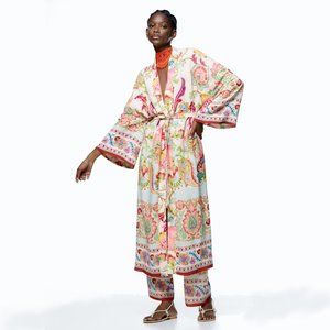 ZARA Floral Printed Long Kimono Belted Sz M Pink Pastels